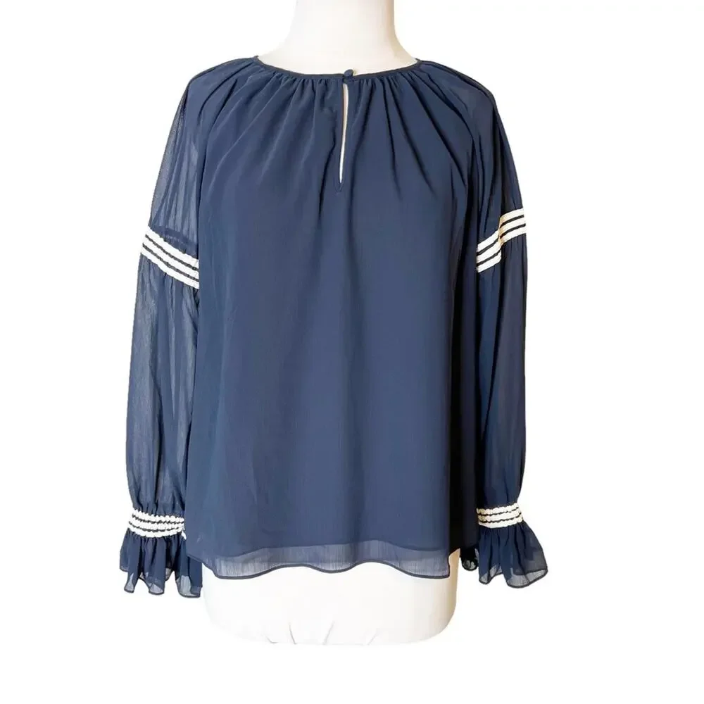 NWT J. CREW Flutter Cuff Crinkle Chiffon Top Blouse Peasant Navy Blue White sz M